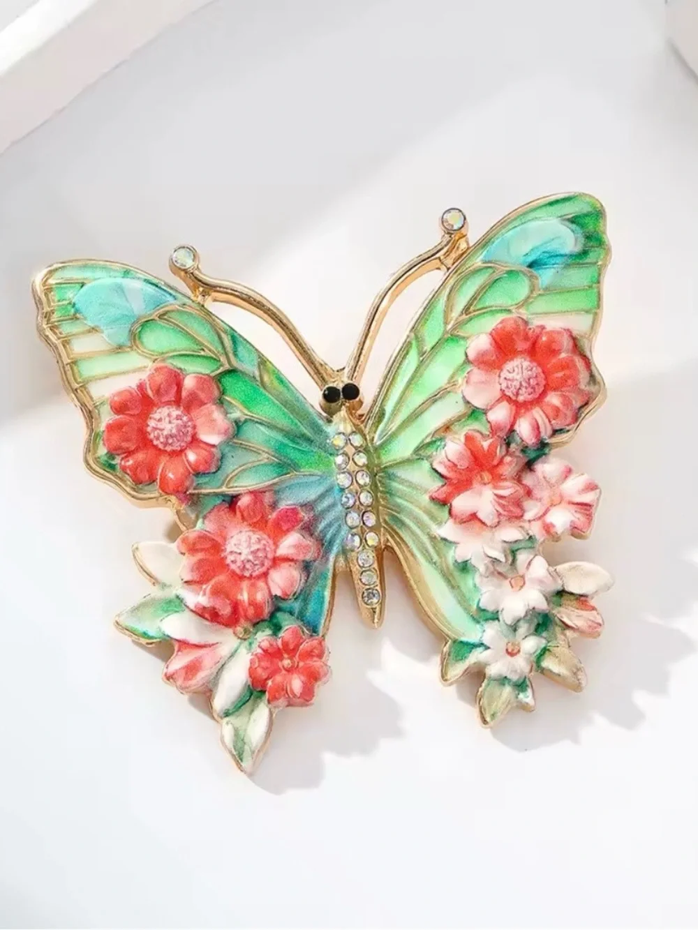 Anthropologie Turquoise & Coral Floral Butterfly Brooch